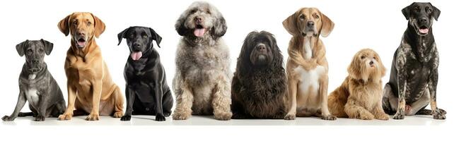 groupe de mixte race chiens séance dans une rangée sur blanc Contexte. national animal bannière concept. génératif ai photo