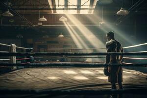 retour vue de boxeur formation sur le bague dans une vieux salle de sport. génératif ai photo