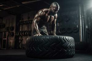 bodybuilder retournement lourd pneu dans salle de sport. concept force des exercices dans le salle de sport. génératif ai photo