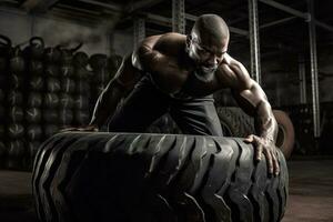 bodybuilder retournement lourd pneu dans salle de sport. concept force des exercices dans le salle de sport. génératif ai photo