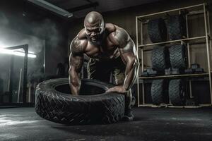 bodybuilder retournement lourd pneu dans salle de sport. concept force des exercices dans le salle de sport. génératif ai photo