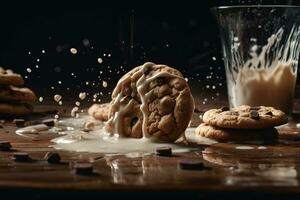 biscuits sont submergé dans lait, une Frais et Créatif concept pour nourriture la photographie. génératif ai photo