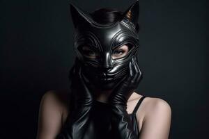 portrait de sexy charme femme dans une noir cuir chat masque. génératif ai photo