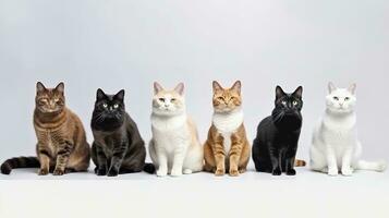 groupe de mixte race chats séance dans une rangée sur blanc Contexte. national animal bannière concept. génératif ai photo