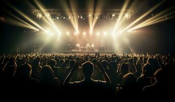 silhouette de concert foule dans de face de brillant étape lumières. génératif ai. photo