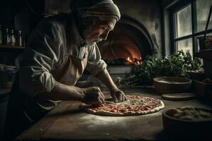 Pizza fabricant prépare une Pizza dans une typique pizzeria, Pizza margherita est prêt pour cuisson, derrière lui là est le four sur, sur le Pizza là est basilic, mozzarella et tomate. génératif ai. photo