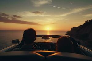 vue de retour siège couple sur route voyage avec convertible conduite le long de côte à le coucher du soleil. génératif ai photo