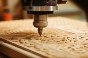 une fermer coup de une cnc machine dans action, Coupe complexe motifs dans une en bois surface avec haute précision. génératif ai photo