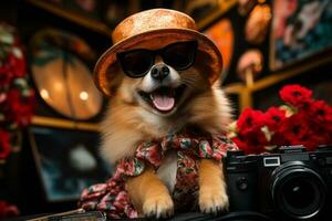 une chien portant des lunettes de soleil et une chapeau, posant avec une caméra comme si c'est une canin célébrité sur le rouge tapis. génératif ai photo