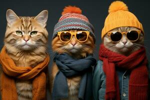 une groupe de cool chats portant branché lunettes, écharpes, et Chapeaux, frappant une pose cette suinte félin mode. génératif ai photo