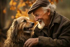 une réconfortant image de une chien et ses propriétaire partage une authentique moment de rire et collage. génératif ai photo