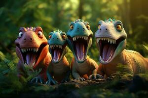 une réconfortant scène avec une famille de dinosaures en jouant ensemble, invoquer une sens de joie et collage dans le préhistorique monde. génératif ai photo