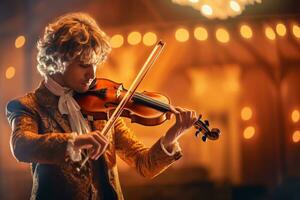 une musicien en jouant une émouvant mélodie sur le violon, exprimer émotions par chaque mouvement de le arc. génératif ai photo