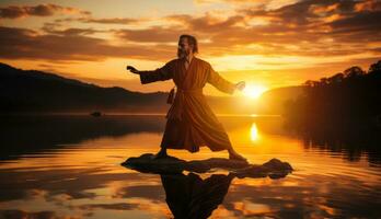 une la personne pratiquant tai chi à lever du soleil. le personne mouvements volonté être lent et volontaire, et elles ou ils volonté être baigné dans le chaud lueur de le lever du soleil. génératif ai photo