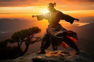 une la personne pratiquant tai chi à lever du soleil. le personne mouvements volonté être lent et volontaire, et elles ou ils volonté être baigné dans le chaud lueur de le lever du soleil. génératif ai photo