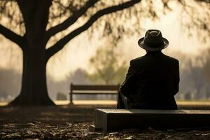 une poignant Capturer de une la personne séance seul sur une banc dans une paisible cimetière, Profond dans pensée et réflexion. génératif ai photo