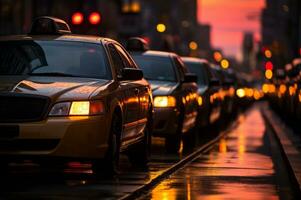 une flotte de Taxis doublé en haut dans une rangée avec le coloré le coucher du soleil dans le arrière-plan, représentant le occupé de la ville transport réseau. génératif ai photo