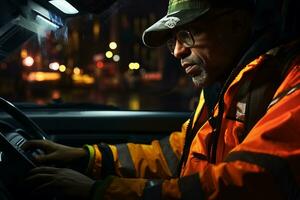 un Taxi chauffeur navigation le de la ville brillant lumières et animé des rues pendant le en retard heures. génératif ai photo