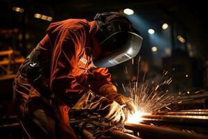 des étincelles en volant comme soudeurs travail sur métal fabrication dans une lourd industriel paramètre. génératif ai photo