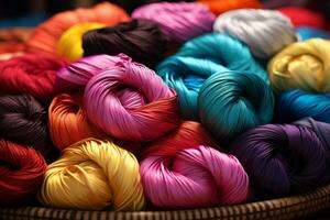 vibrant liasses de fil dans divers textures et teintes, symbolisant le la diversité de textiles dans le industrie. génératif ai photo