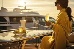 une glamour mode de vie image de une la personne profiter Champagne sur une yacht ou dans une haut de gamme attique, signifiant luxe et indulgence. génératif ai photo
