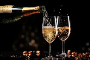 proche en haut de une éclater Champagne avec d'or bulles bouteille verser dans Champagne verre. génératif ai photo