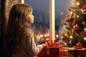 Jeune fille à la recherche en dehors de fenêtre sur Noël nuit. génératif ai photo