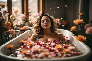 une magnifique femme relaxant dans une baignoire rempli avec fleur pétales, soulignant soins auto-administrés et choyer. génératif ai photo