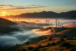 vent turbine ferme avec montagnes ,coucher de soleil et ciel.renouvelable énergie concept .créé avec génératif ai technologie. photo