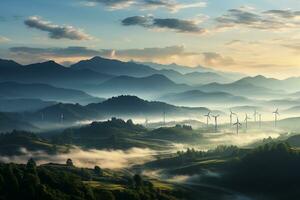 vent turbine ferme avec montagnes ,coucher de soleil et ciel.renouvelable énergie concept .créé avec génératif ai technologie. photo