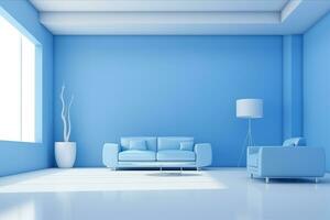 futurisme bleu vivant pièce avec copie avec canapé et les plantes espace dans le futur.créé avec génératif ai technologie. photo