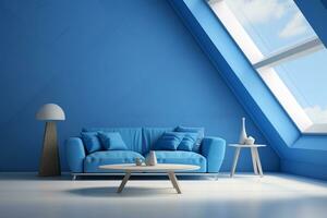 futurisme bleu vivant pièce avec copie avec canapé et les plantes espace dans le futur.créé avec génératif ai technologie. photo
