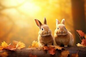 mignonne lapin dans le l'automne forêt avec l'automne feuilles.créées avec génératif ai technologie. photo