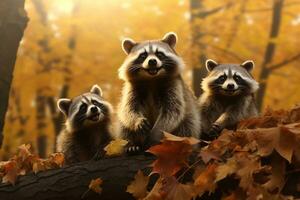 mignonne raton laveur dans le l'automne forêt avec l'automne feuilles.créées avec génératif ai technologie. photo