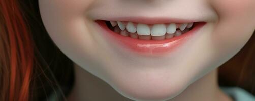 proche en haut de une peu fille souriant avec nettoyer dents.santé concept.créé avec génératif ai technologie. photo