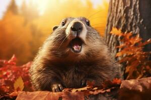 mignonne marmottes dans le l'automne forêt avec l'automne feuilles.créées avec génératif ai technologie. photo