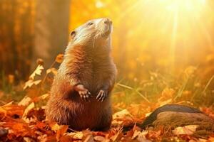 mignonne marmottes dans le l'automne forêt avec l'automne feuilles.créées avec génératif ai technologie. photo