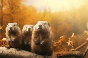 mignonne marmottes dans le l'automne forêt avec l'automne feuilles.créées avec génératif ai technologie. photo