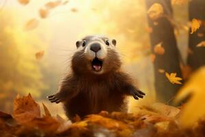 mignonne marmottes dans le l'automne forêt avec l'automne feuilles.créées avec génératif ai technologie. photo