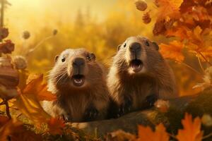 mignonne marmottes dans le l'automne forêt avec l'automne feuilles.créées avec génératif ai technologie. photo