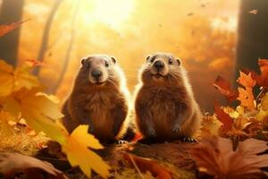 mignonne marmottes dans le l'automne forêt avec l'automne feuilles.créées avec génératif ai technologie. photo