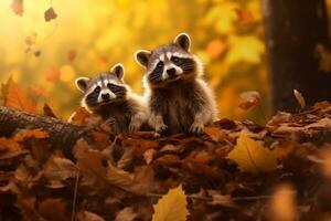 mignonne raton laveur dans le l'automne forêt avec l'automne feuilles.créées avec génératif ai technologie. photo