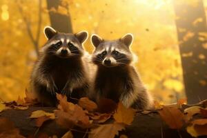 mignonne raton laveur dans le l'automne forêt avec l'automne feuilles.créées avec génératif ai technologie. photo