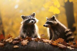 mignonne raton laveur dans le l'automne forêt avec l'automne feuilles.créées avec génératif ai technologie. photo