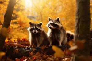 mignonne raton laveur dans le l'automne forêt avec l'automne feuilles.créées avec génératif ai technologie. photo