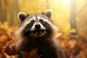 mignonne raton laveur dans le l'automne forêt avec l'automne feuilles.créées avec génératif ai technologie. photo