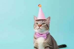 mignonne chat avec cône chapeau et Collier nœud papillon sur isolé background.happy anniversaire concept.créé avec génératif ai La technologie photo