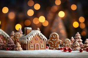 proche en haut de beaucoup pain d'épice Noël biscuit sur Noël dîner tableau. photo