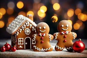 proche en haut de beaucoup pain d'épice Noël biscuit sur Noël dîner tableau. photo