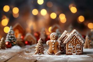 proche en haut de beaucoup pain d'épice Noël biscuit sur Noël dîner tableau. photo